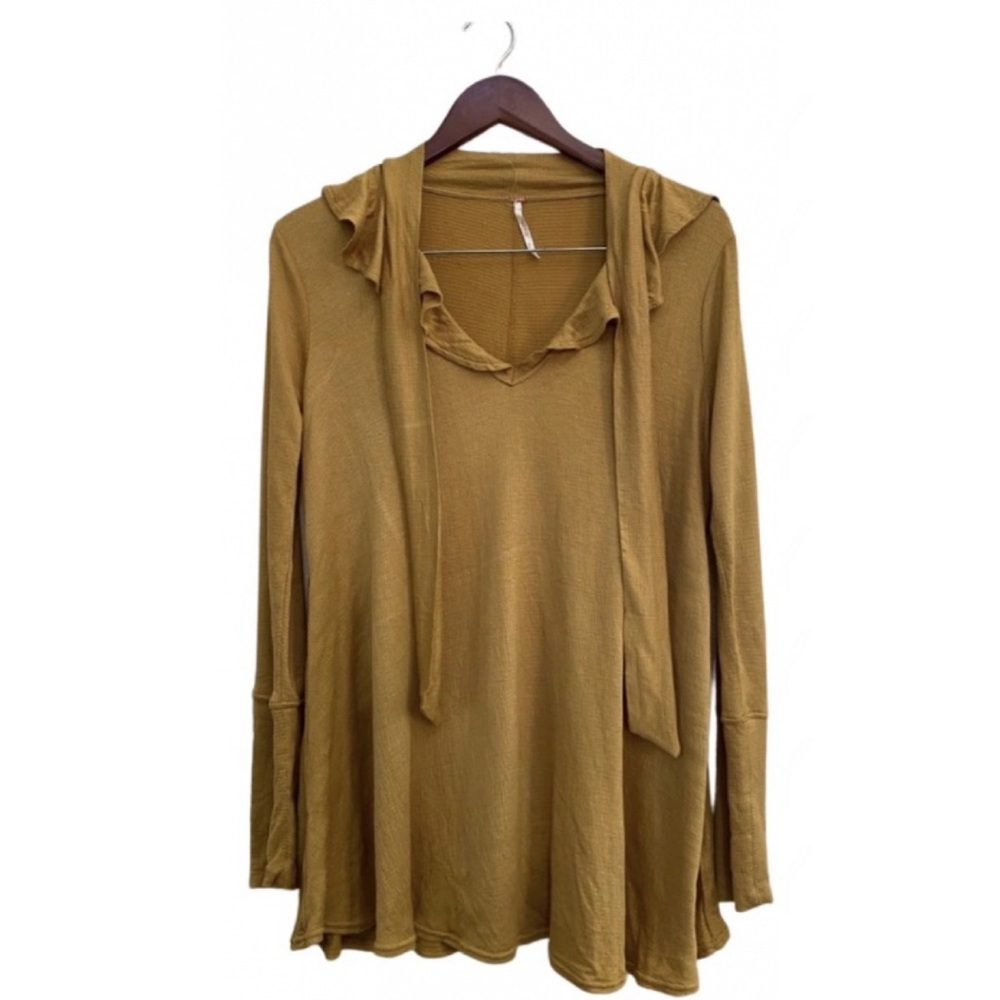 Free People Mustard Tie Neck Ruffle Tunic Top XS